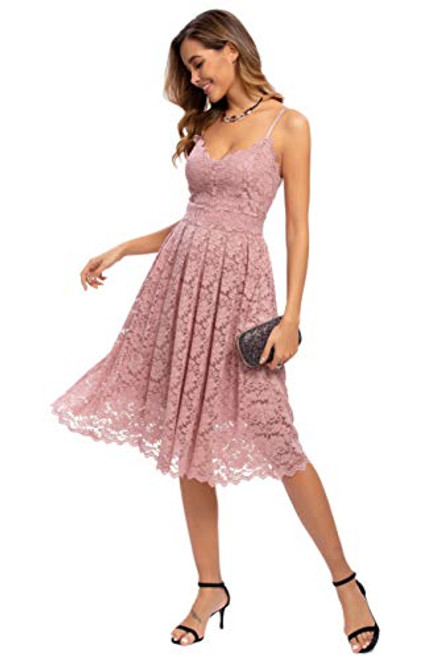 Sexy V Neck Sleeveless Evening Dresses for Women Cocktail Formal Wedding Guest Lace Dresses Nude Pink