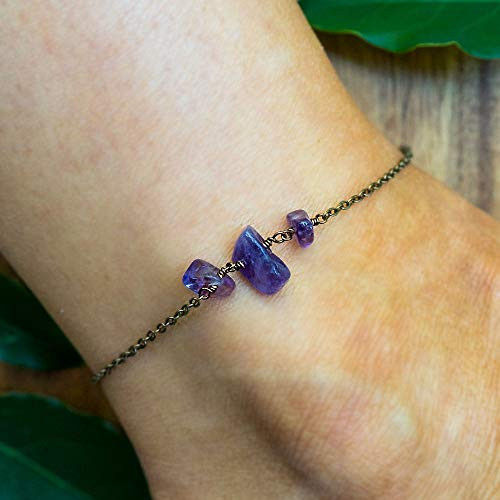 Amethyst beaded chain crystal anklet in bronze - 8 with 2 adjustable extender - February birthstone