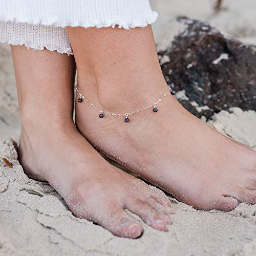 Boho iolite gemstone dangle bead drop anklet in 925 sterling silver - 9 wide with 2 adjustable extender - September birthstone