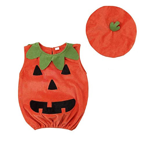 Toddler Infant Baby Boy Girl Halloween Pumpkin Costumes Sleeveless Romper Outfit with Hat -Orange  6-12 Months-