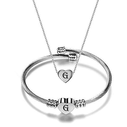 NIBASTAR Heart Inital Jewelry Set Stainless Steel Letter Necklace Bracelet for Women Girls Silver G