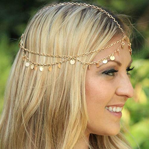 Nicute Layered Coins Head Chain Gold Boho Tassel Bride Headpieces Wedding Hair Accessories Jewelry for Women and Girls