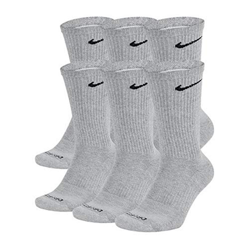 NIKE Dri-Fit Training Everyday PLUS MAX Cushioned Crew Socks 6 PAIR Wolf Grey Black Swoosh Logo- LARGE 8-12