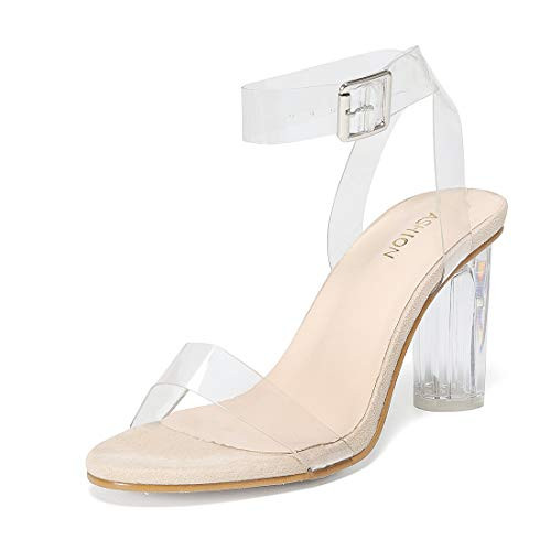 Womens Heeled Sandals Ankle Strap Block Chunky High Heel Open Toe Pump Sandals Transparent Nude-8