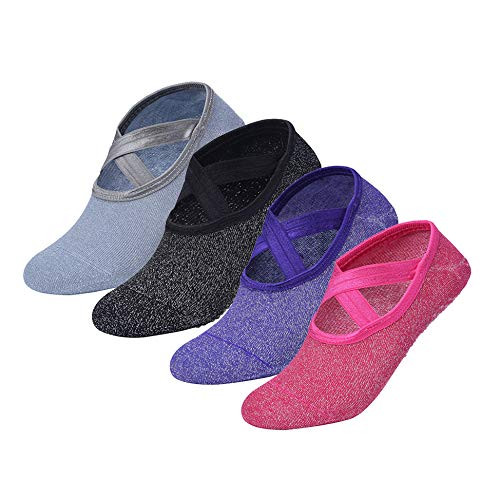 Non Slip Yoga Socks with Grips 4 Pack Straps Barre Pilates Ballet Dance Anti-Skid Socks for Women