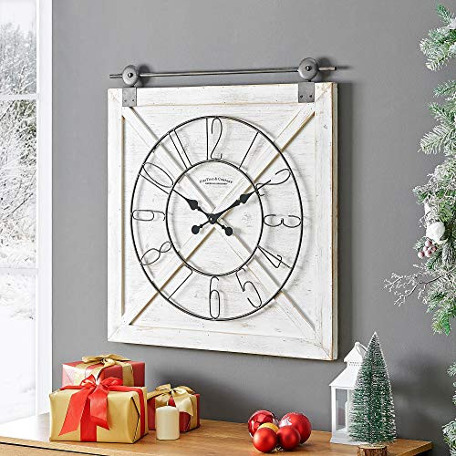 FirsTime and Co- Farmstead Barn Door Wall Clock  29H x 27W  Whitewash  Metallic Gray  Black