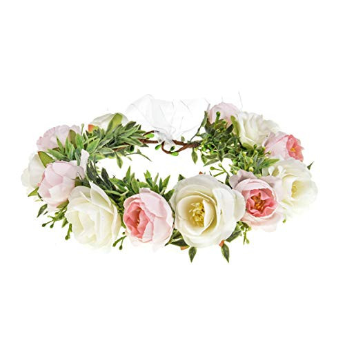 DreamLily Girls Camellias Flower Crown Birthday Photo Pops Hair Wreath Wedding Festival Floral Headpiece XM11 -B-Begie Pink-