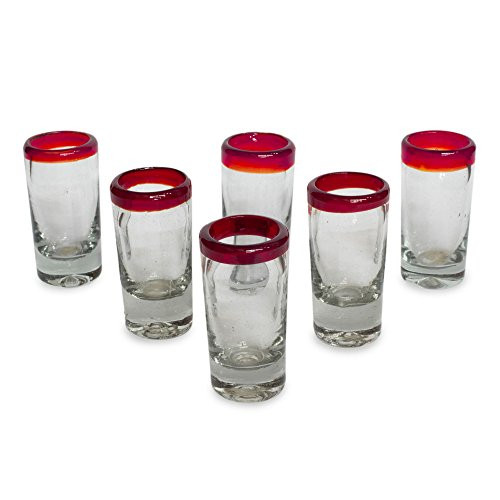 NOVICA Hand Blown Red Clear Recycled Glass Shot Glasses  2 Oz Ruby Shot -Set Of 6-