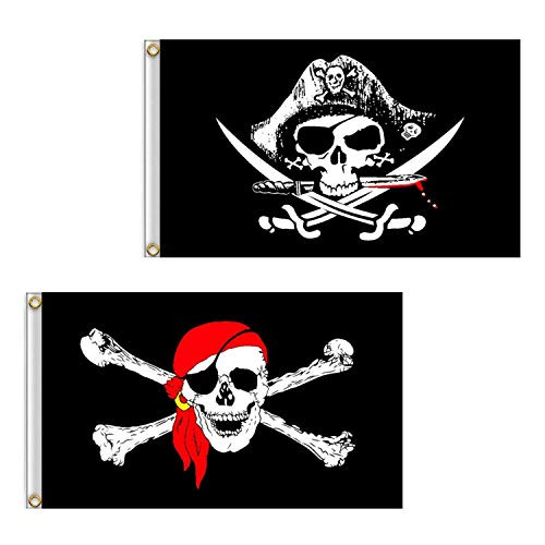 OCEDECOR Pirate Flag 2 PCS 3X5 Jolly Roger Skull Crossed Bones Skeleton Polyester Double Stitched with Brass Grommets for Outdoor Indoor Decor -3 x OCEDECOR Pirate Flag 2 PCS 3X5 Jolly Roger Skull Crossed Bones Skeleton Polyester Double Stitched with Brass Grommets for Outdoor Indoor Decor -3 x