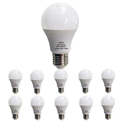 OMTO E26-E27 A19 LED Frosted Light Bulb 9W -60W Equivalent- White -6000K- 85-265V -White  10pcs-