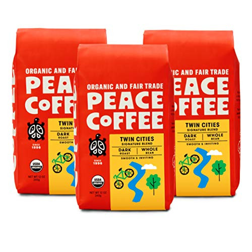 Peace Coffee Twin Cities Blend Dark Roast -Sumatra  Peru and Honduras Origins- Organic Fair Trade Coffee  Whole Bean 3 Pack