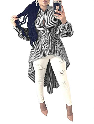 Ophestin Women Stripe Print Long Sleeve Bodycon High Low Asymmetrical Button Down Shirt Blouse Top Black XXXL