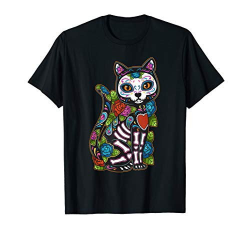 Cat Sugar Skull Mexico Calavera Dia De Los Muertos Halloween T-Shirt