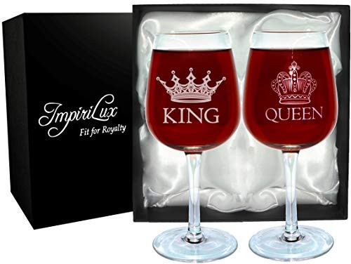 ImpiriLux King and Queen Wine Glass Set - Beautiful Gift for Newlyweds  Engagements  Anniversaries  Weddings  Parents  Couples  Christmas - Novelty Dr