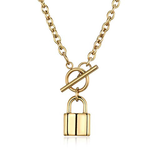 EXGOX 18K Gold Plated Padlock Pendant Stainless Steel Lock Chain Necklace for Men Women Egirl