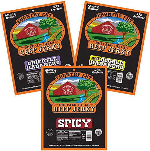 Buffalo Bills Country Cut 3oz Hot and Spicy Beef Jerky Sampler 3-Pack -moist and tender beef jerky-
