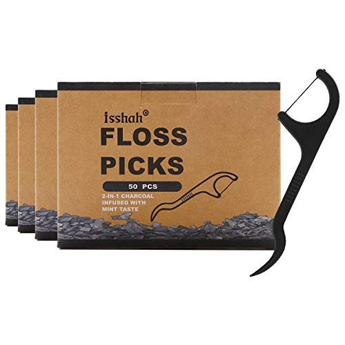 Natural Dental Floss Picks - 200 Count - BPA Free  Vegan  Sustainable  Eco Friendly  Natural Dental Flossers by Isshah -Charcoal-