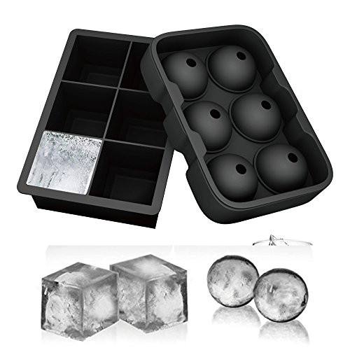 FIONN Ice Cube Trays Silicone Set of 2 Sphere Round Ice Ball Maker and Large Square Ice Cube Mold Ice Cube Trays for Whiskey and Cocktails