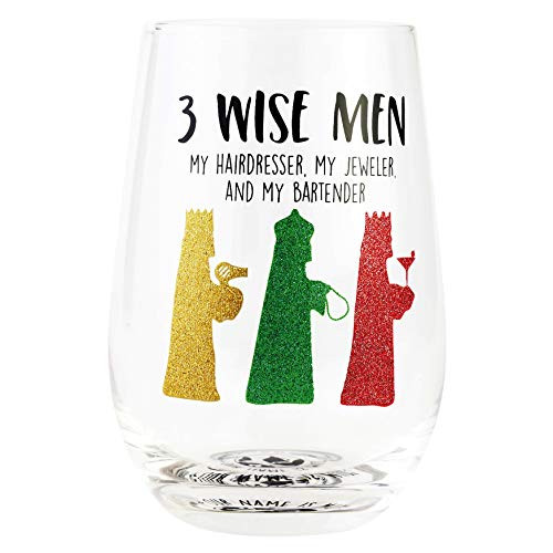 Enesco Our Name is Mud Holiday 3 Wise Men Hairdresser Jeweler and Bartender Glitter Stemless Wine Glass  15 Ounce  Multicolor