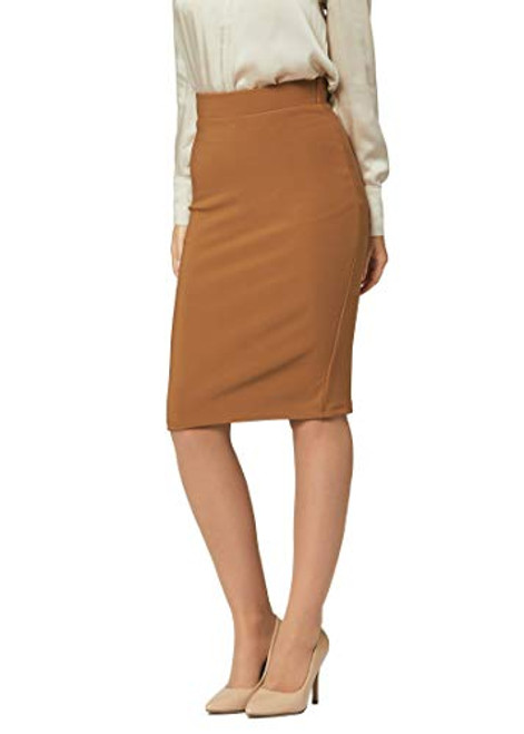 Premium Stretch Pencil Skirt for Women with Slit - Pull On Elastic Waistband - Bodycon Midi Skirts - Classic Khaki Brown - Large