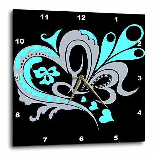 3dRose Pretty TURQUOISE, Gray, and black Art Nouveau Hearts - Wall Clock, 13 by 13-Inch (dpp_111514_2)