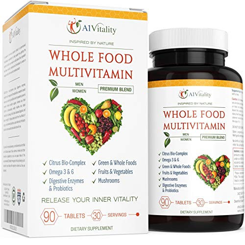 Whole Food Multivitamin for Women and Men - Natural Wholefood Blend of Vitamins  Minerals  Digestive Enzymes  Probiotics  Omega 3 and 6  Vegetables  Fru
