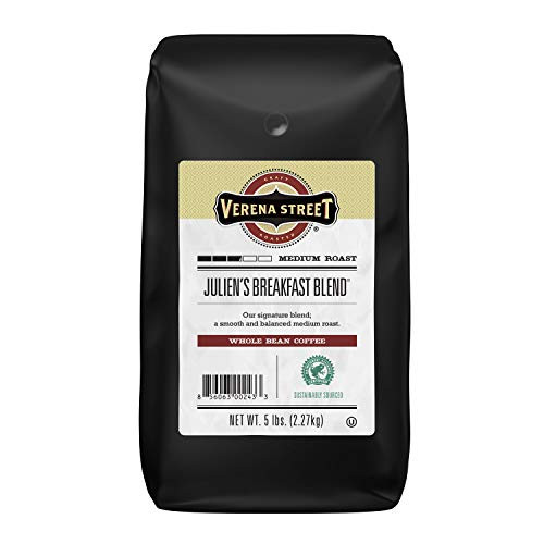 Verena Street 5 Pound Whole Bean Coffee  Medium Roast  Juliens Breakfast Blend  Rainforest Alliance Certified Arabica Coffee