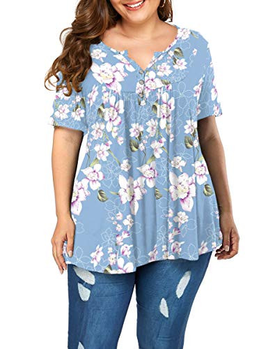 POSESHE Womens Plus Size Henley V Neck Button up Tunic Tops Casual Short Sleeve Blouse Shirts -3X-Large Flower Light Blue-