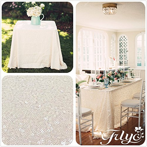 TRLYC 60x120 Sparkly Ivory Sequins Wedding Square Tablecloth  6FT-8FT Overlays Sparkly Ivory Sequin Table Cloth for Wedding  Event