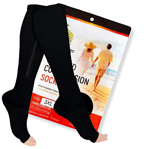 Zipper Compression Socks Pair with Zip Guard Skin Protection and Open Toe -sizes Med to 6XL-- 15-20mmHg Medical Compression Socks for Men and Women
