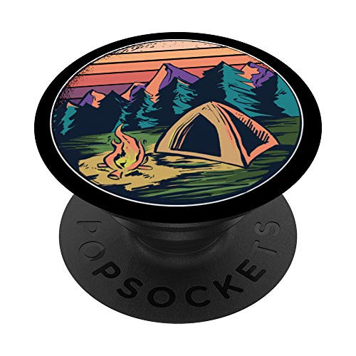Outdoor camping design with tent  fire  mountains  forest PopSockets PopGrip Swappable Grip for Phones and Tablets