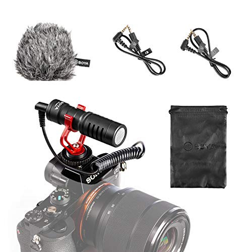 BOYA by-MM1 Shotgun Video Microphone with Shock Mount  Deadcat Windscreen  Case Compatible with iPhone-Andoid Smartphones  Canon EOS-Nikon DSLR Camera