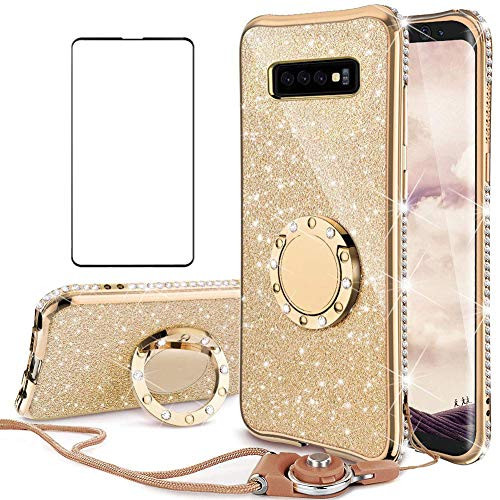 Galaxy S10 Case  ZHFLY Glitter Cute Bling Diamond Sparkle Slim Thin Soft Protective Cover with Ring Kickstand Neck Lanyard Galaxy S10 Phone Case with