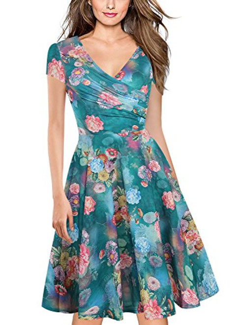 oxiuly Womens V-Neck Cap Sleeve Floral Casual Cocktail Party Swing Dress OX233 -2XL  Green-