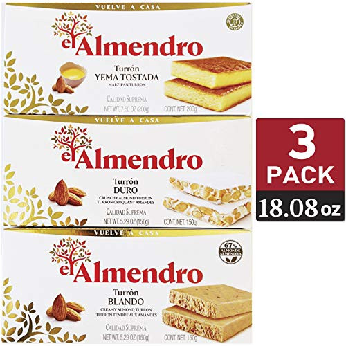El Almendro Turron 3 Variety Pack- Toasted Egg Yolk Turron -Yema Tostada- 7-5 oz  Alicante Crunchy Turron 5-23 oz  Creamy Almond Turron Soft 5-23oz fr