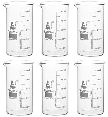 6PK Beakers  500ml - Tall Form with Spout - White  50ml Graduations - Borosilicate 3-3 Glass - Eisco Labs
