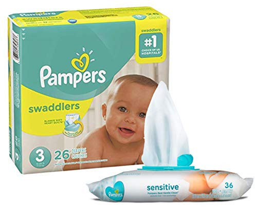 Pampers Swaddlers Disposable Size 3 Diapers -26 Count- Bundle with 36 Pampers Sensitive Care Baby Wipes