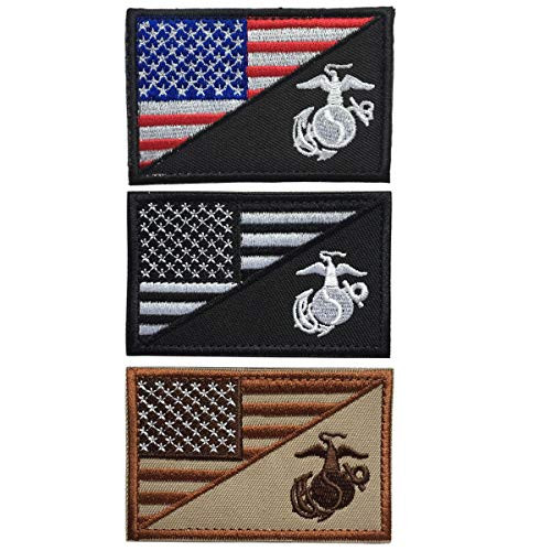 SpaceAuto Bundle 3 Pieces USA American Flag w-Marine Corps USMC Military Tactical Morale Badge Patch 3 x 1-97