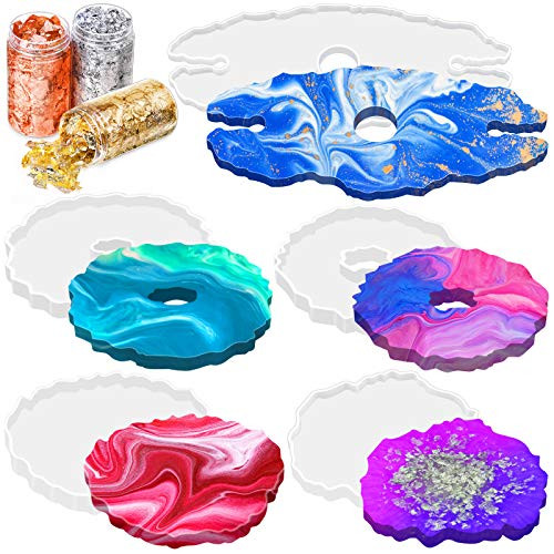 Coaster Molds for Resin Casting  Audab DIY 4Pcs Geode Coaster Molds 1Pcs Silicone Wine Rack Resin Mold with Foil Flakes for Resin Casting Agate Slice