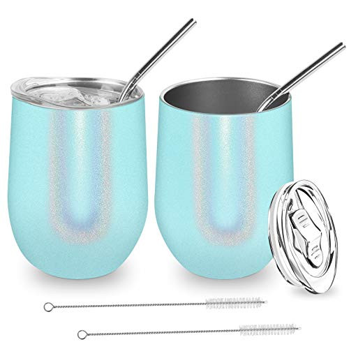 Insulated Wine Tumbler with Lid and Straw 2 Pack 12oz Leak Proof Stainless Steel Wine Glasses Cup Unbreakable Stemless Water Coffee Mug for All Drinks