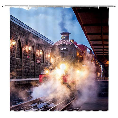 AMNYSF Steam Engine Shower Curtain Vintage Train Magic Platform Decor Fabric Bathroom Curtains Waterproof Polyester with Hooks 70x70 Inch