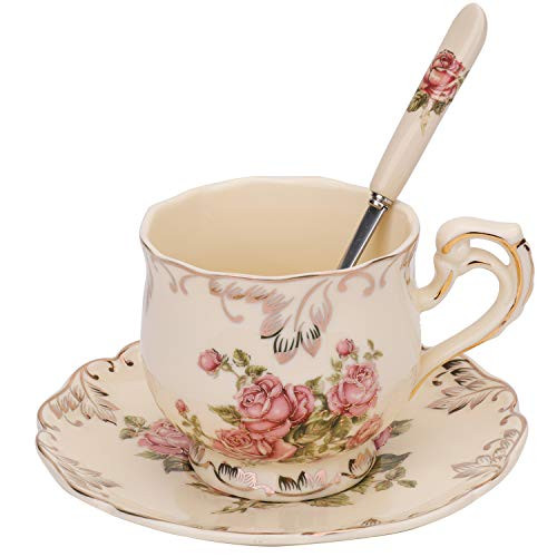 Foraineam Tea Cup and Saucer Set  8 oz- Ivory Porcelain Coffee Cup Vintage Floral Ceramic Tea Cup Set with Saucer and Spoon