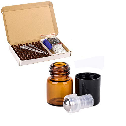 100 Packs 1ml Roll on Glass Bottle Amber Glass Roller Bottles Mini Essential Oils Roller Ball Bottles Aromatherapy Perfume Sample Vials Opener and Pip