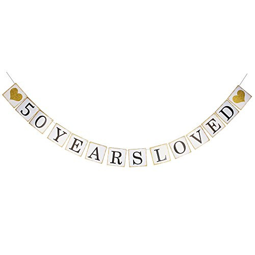 Hatcher lee 50 Years Loved Banner -50TH Birthday Party 50th Anniversary Party Decoration Bunting ?Gold and White?