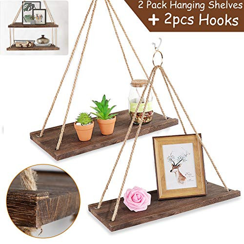 OurWarm Rustic Hanging Shelves  Wood Wall Shelf Wall Mounted Floating Shelves for Bedroom Bathroom Living Room Kitchen  Boho Farmhouse Wall Décor  Set