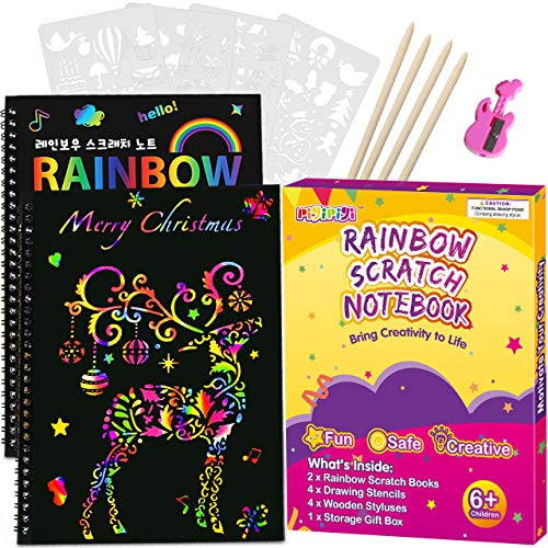 Pigipigi Rainbow Scratch Paper for Kids - 2 Pack Scratch Off Notebooks Arts Crafts Supplies Kits Drawing Paper Black Magic Sheets Scratch Pad Activity
