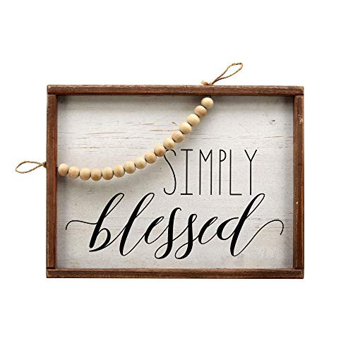 Paris Loft Simply Blessed White Washed Pine Wood Signs with Wood Beads-Wood Framed Farmhouse Wall Hanging Decor-Rustic Wood Wall Sign Plaque