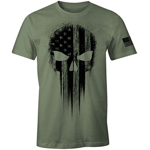 USA Military American Flag Black Skull Patriotic Mens T Shirt -Military Green  4XL-