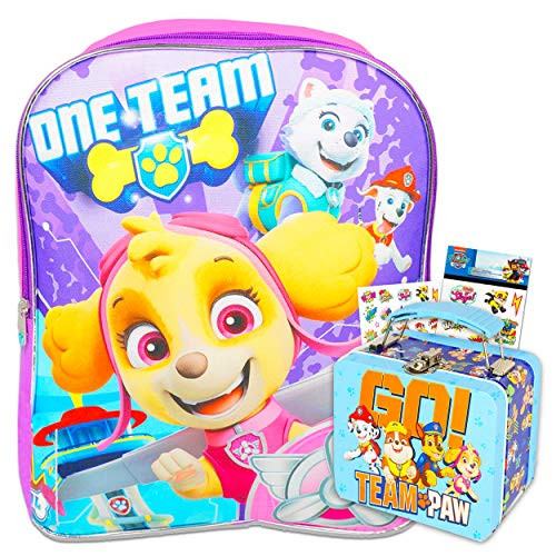 Paw Patrol Backpack and Lunch Box Bundle for Girls ~ Skye Paw Patrol School Bag for Toddlers with Lunch Tin and Stickers -Paw Patrol School Supplies-