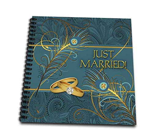 3dRose db-52264-1 Peacock Just Married Wedding Rings in Teal and Gold Drawing Book  8 x 8